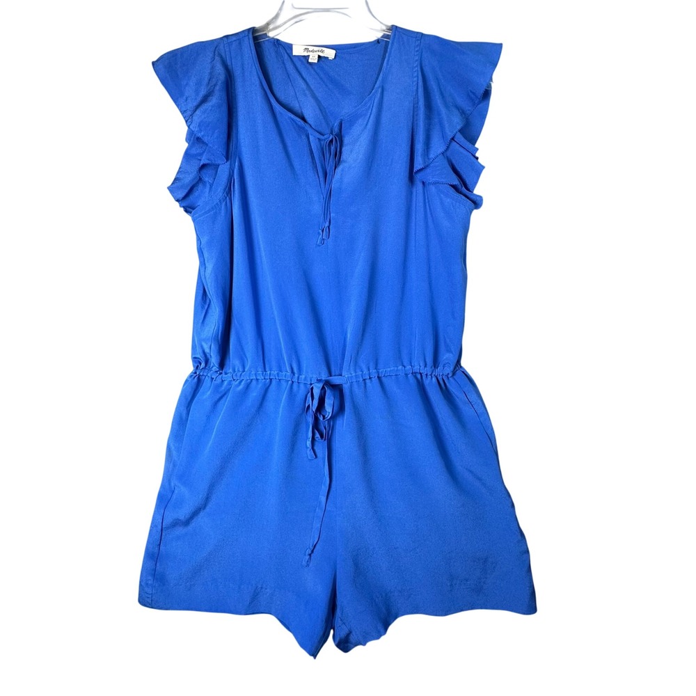 Madewell 100% Silk Boho Flutter Sleeve Romper Blue Tulip Back XS Resortwear
